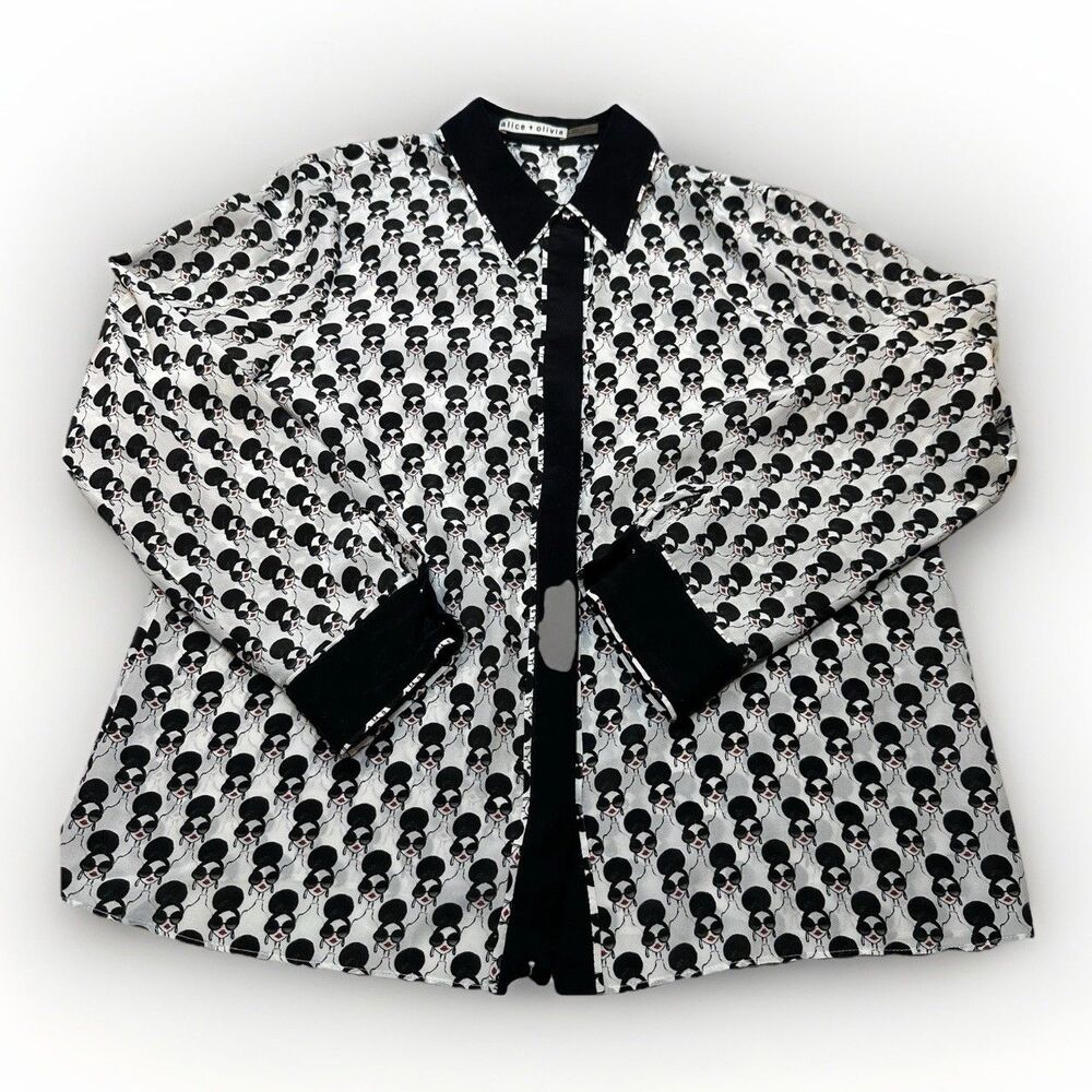 Alice + Olivia Graphic Face Print Blouse Large Button Front Designer Top